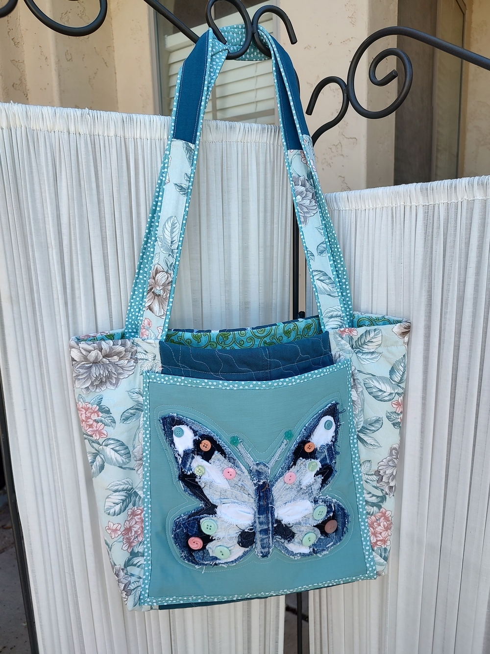Handmade Teal Butterfly Patchwork Tote Bag